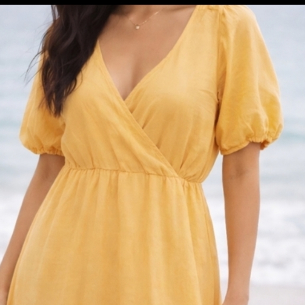 Roxy Yellow Wrap-Style Deep V Neck Ruffle Hem Summer Prairie Midi Dress Sz L